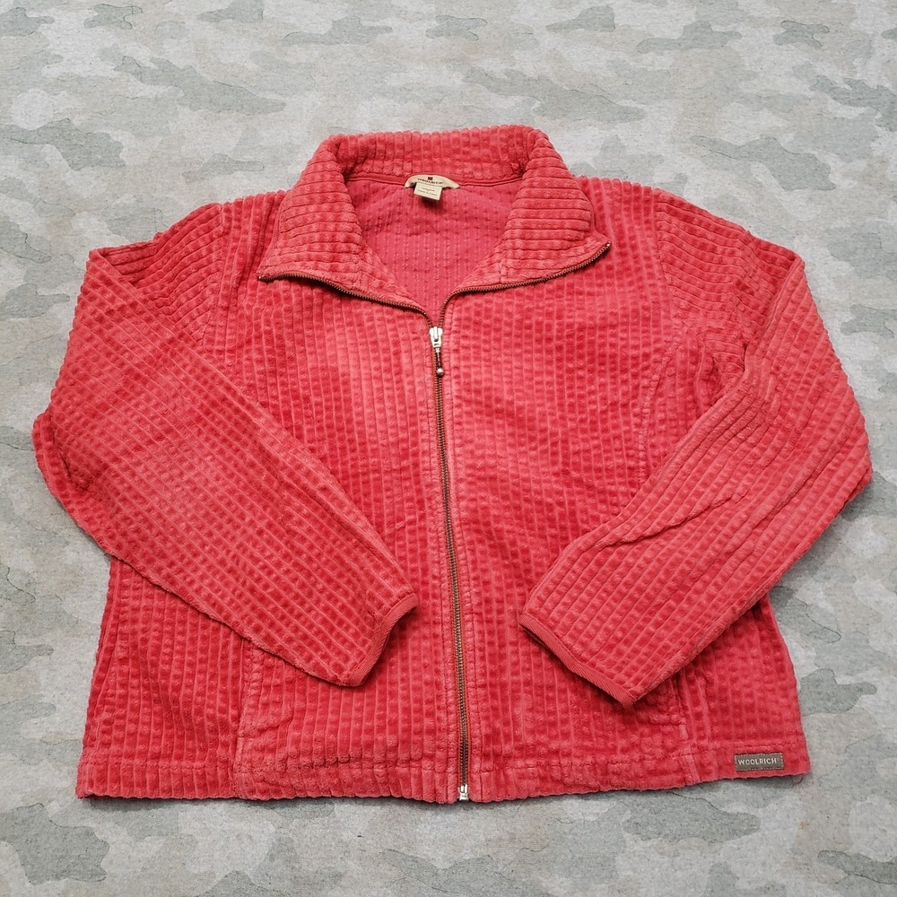 Woolrich Jacket Womens Large Red Winter Coral Full Zip Corduroy Wide Wales